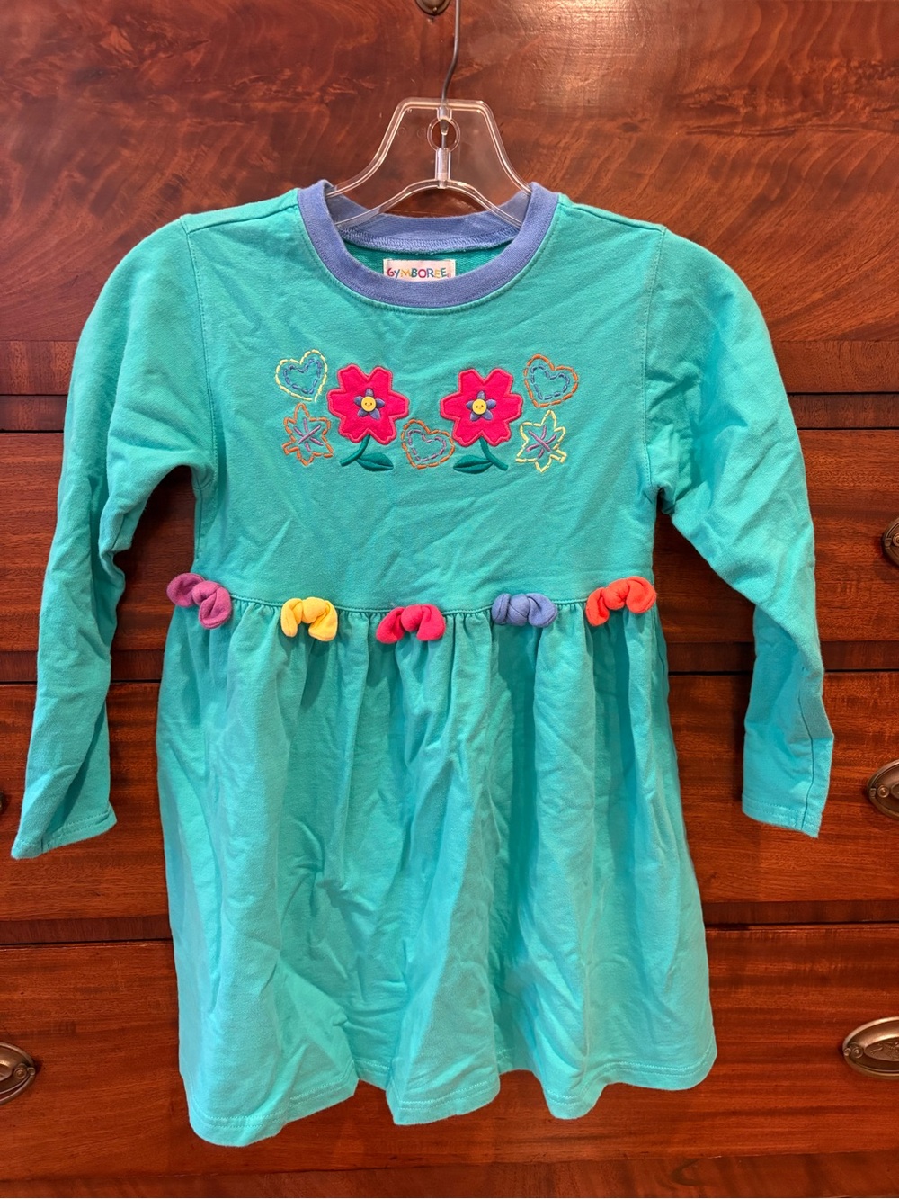 Gymboree Vtg ‘90s Long Sleeve Green Cotton Dress Bows Flowers XL Rainbow Tag